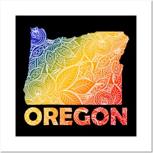 Colorful mandala art map of Oregon with text in blue, yellow, and red Posters and Art